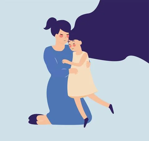 Young mom sits on the flore and hugs her daughter with care and love. Stock Illustration