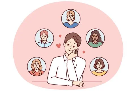 Young monogamous man thinks about girls while choosing which fan to invite on Stock Illustration
