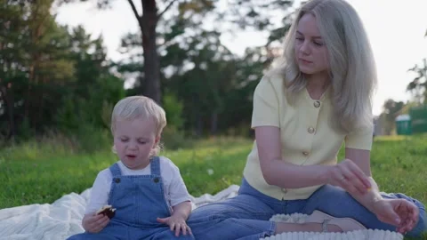 Young mother and son enjoying a picnic 스톡 동영상 330567553