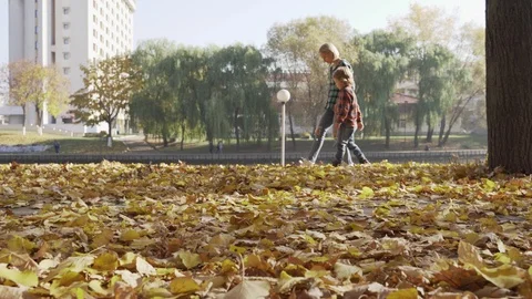 Young mother having fun with her son in autumn park at sunny day Video stock 97092835