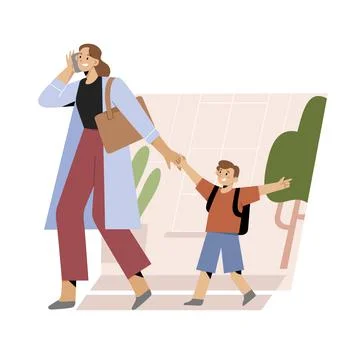Young mother hurrying to office walking her child to school or kindergarten Illustrazione stock
