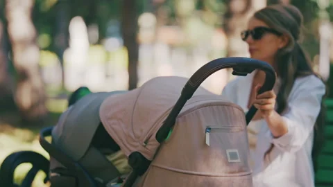 Young mother sitting on a park bench next to a stroller, enjoying a peaceful Stock-Footage 316714511