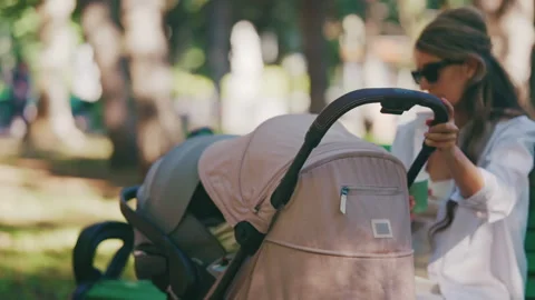 Young mother sitting on a park bench next to a stroller, enjoying a peaceful Video stock 316715703
