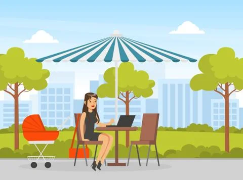 Young Mother Using Laptop Computer in Cafe Outdoor while Baby in Stroller Illustrazione stock