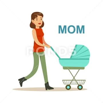 Young Mother Walking With Stroller Happy Family Having Good Time Together Stock Illustration
