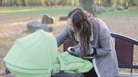 Young mother walking with a stroller in the park. Stock Footage 69993993