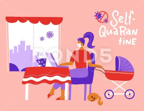Young mother working remotely near stroller with baby. Female freelancer work Stock Illustrationen