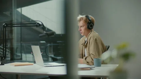 Young Motivated Manager Engineer Recording Podcast about Modern Design Trends Stock Footage 239111149