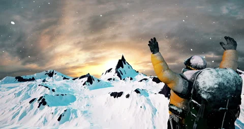 Young Mountain Climber Reaches the Summit and Achieves His Goal Stock Footage 245767478
