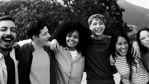 Young multiethnic friends having fun together in the city. Black and white edit Video stock 318197848