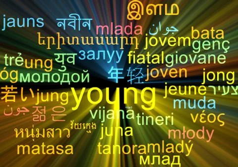 Young multilanguage wordcloud background concept glowing Stock Illustration