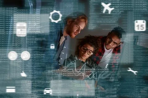 Young multinational code developers, team work of new navigation project Stockfoto's