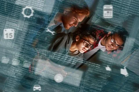 Young multinational code developers, team work of new navigation project 스톡 사진