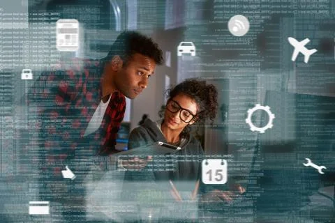 Young multinational code developers, team work of new navigation project Stockfoto's