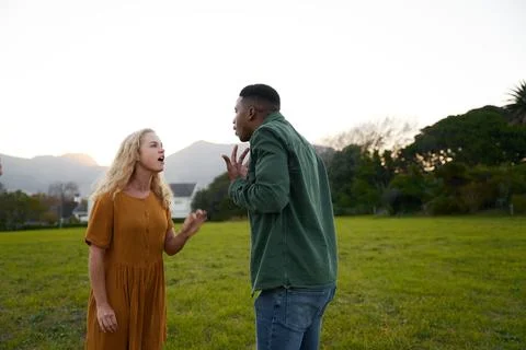 Young multiracial couple face to face arguing and gesturing in field Stock Photos