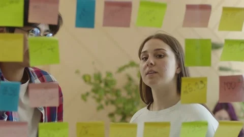 Young multiracial employees standing in front of a glass board with many Stock Footage 228064285