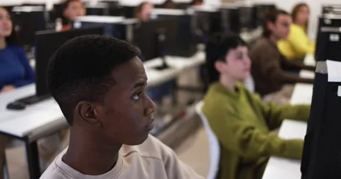 Young multiracial people using computers inside classroom at university college Stock Footage 168622470