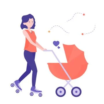 Young mummy on rollers on a walk with a stroller. Stockillustratie