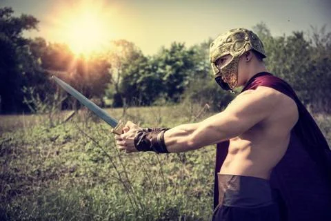 Young muscular man posing in gladiator costume Stock Photos