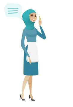 Young muslim cleaner with speech bubble. Illustrazione stock
