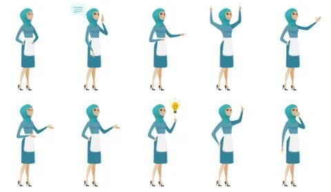 Young muslim cleaner vector illustrations set. Stock Illustration