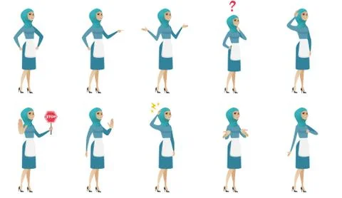 Young muslim cleaner vector illustrations set. Stock Illustration