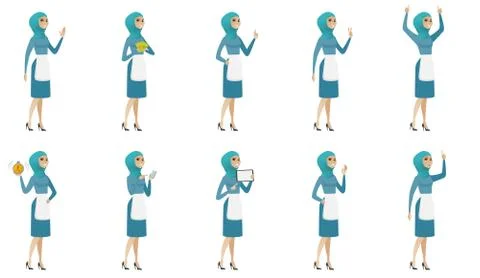 Young muslim cleaner vector illustrations set. Stock Illustration