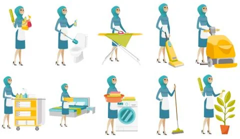 Young muslim cleaner vector illustrations set. Stock Illustration