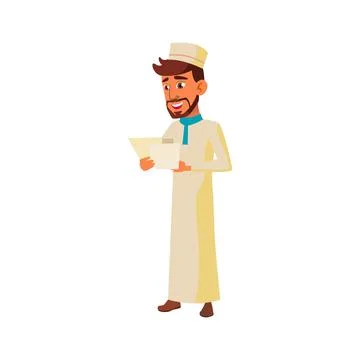 Young muslim man reading document papers cartoon vector Stock Illustration
