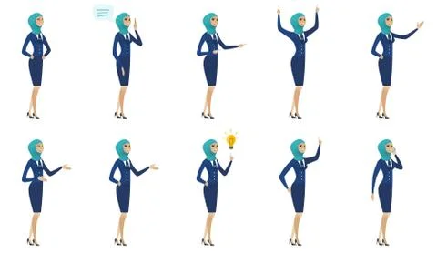 Young muslim stewardess vector illustrations set. Stock Illustration