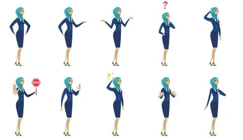 Young muslim stewardess vector illustrations set. Stock Illustration