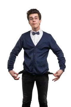 Young nerd showing empty pockets Stock Photos