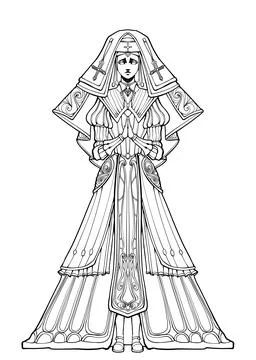 A young nun in an elegant suit , with a pitiful expression, stands with her h Illustration
