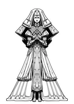 A young nun in an elegant suit , with a pitiful expression, stands with her h Stock Illustration