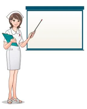 Young nurse pointing presentation screen on white Stock Illustration