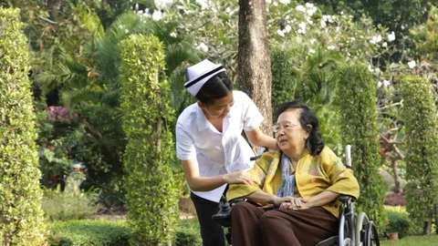 Young nurse take caring old woman on wheelchair in the park Stock Footage 130104036
