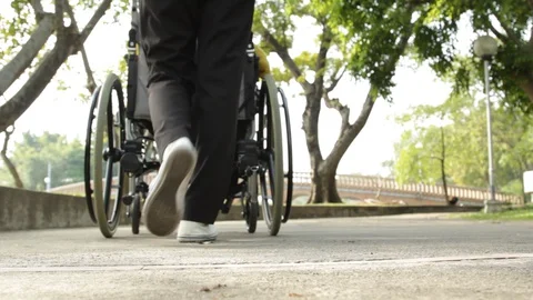 Young nurse take caring old woman on wheelchair in the park Stock Footage 130104325