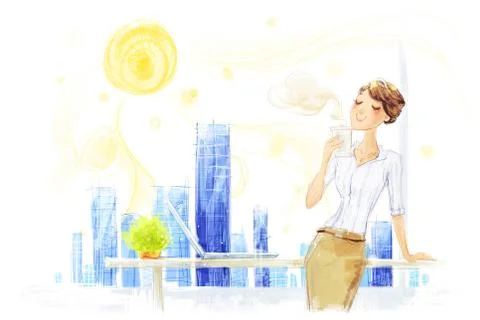 Young office lady having a coffee break Stock Illustration