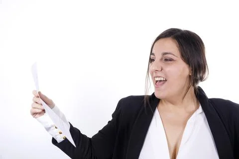 Young office worker girl with papers dressed in a suit Stock Photos
