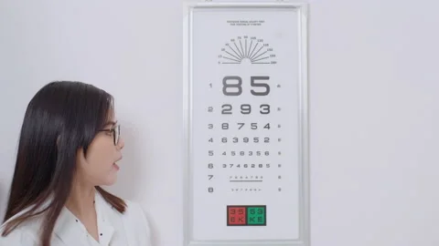 Young ophthalmologist doing visual test for customer using eye chart in optic Stock Footage 188558449
