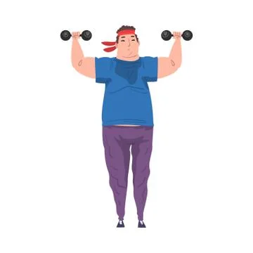 Young Overweight Man Doing Exercise with Dumbbells, Weight Loss Process, Fat Guy Illustrazione stock