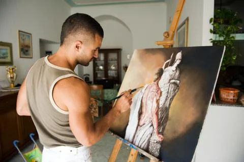 Young painter with his canvas Stock Photos