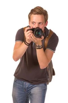 Young paparazzi with camera Stock Photos