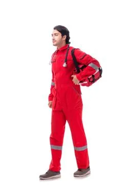 The young paramedic in red uniform isolated on white Stock Photos