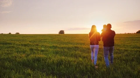 Young parents with a small son walk through the picturesque meadow at sunset Stock Footage