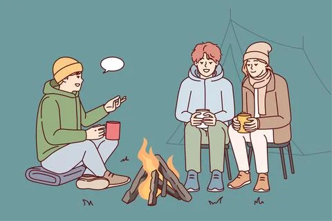 Young people communicate while sitting around campfire during camping trip in Stock Illustration