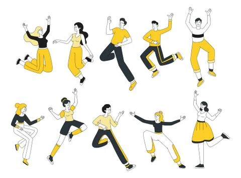 Young people dancing vector illustrations set. Joyful men and women in casual Stock Illustration
