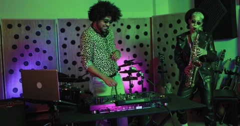 Young people dancing while mixing new album inside recording studio Video stock 153404666