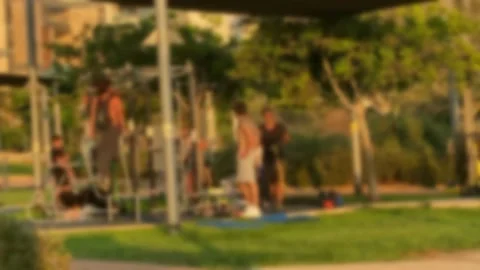 Young people doing exercises on the outdoor sports ground. 스톡 동영상 139095683