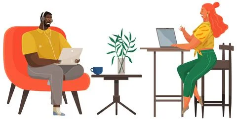 Young people enjoy doing interviews, making digital record with computer Stock Illustration